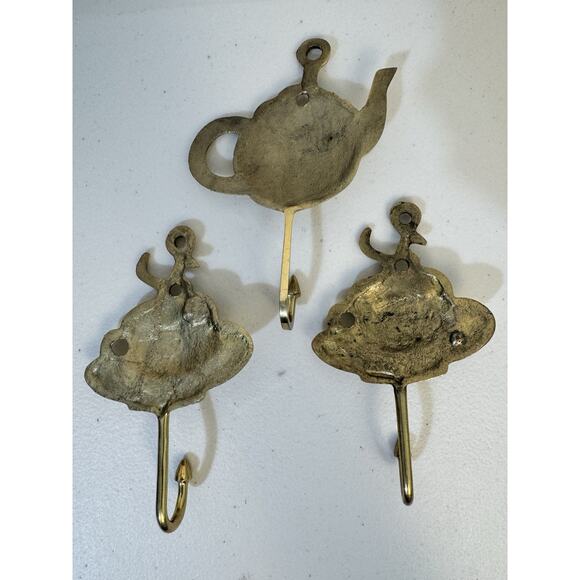 Kemp & Beatley Vintage Metal Brass Teapot & Coffee Cup Wall Hooks Set Of 3 - Picture 2 of 4